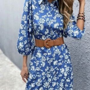 𝗡𝗪𝗧 𝗭𝗮𝗿𝗮 • Printed Ruffled Dress Lapel Collar Puff Sleeve Floral Blue S